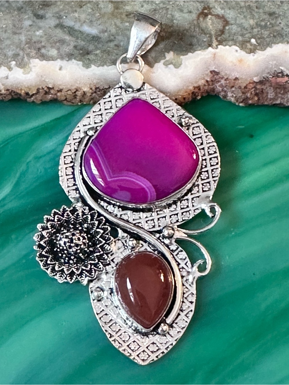 Artisan Dyed Pink Agate and Red Carnelian Multi Stone Pendant Handcrafted